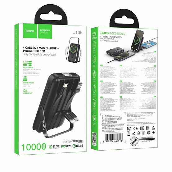 HOCO PowerBank 10000 mAh MagCharge Με 4 Ενσωματωμένα Καλώδια